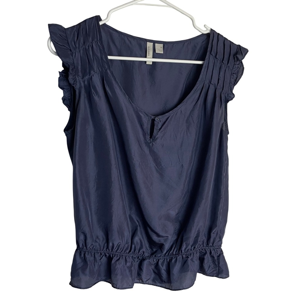 Vintage Old Navy Womens Silk Flutter Blouse Size M Blue Ruffle Peplum Pleated